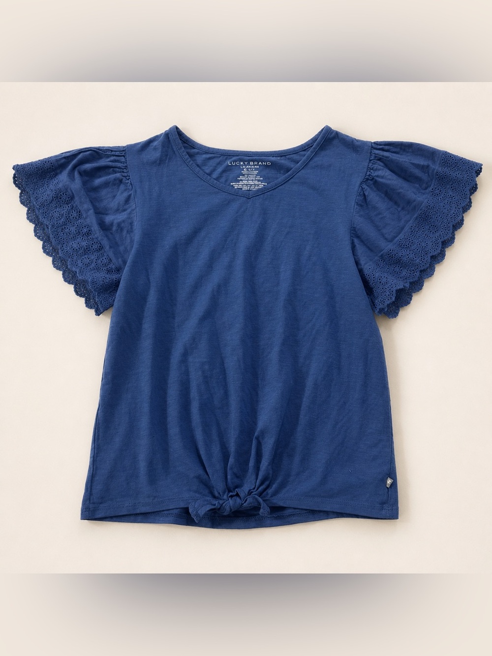 Lucky Brand Girls Blue Eyelet Flutter Sleeve Knot Front Top Size Large (12/14)